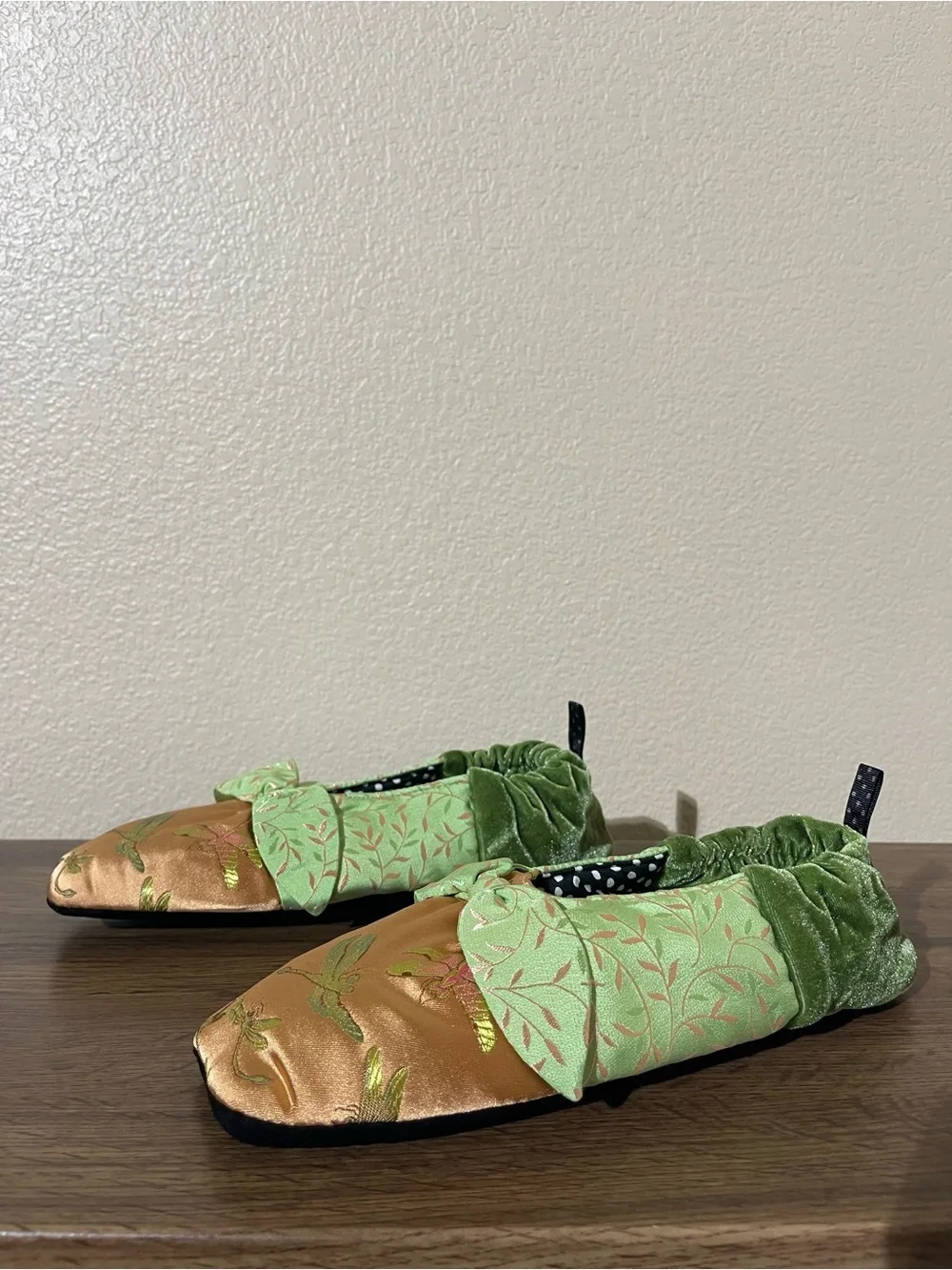 Green & Gold Floral Velvet Ballet Flats - Women
